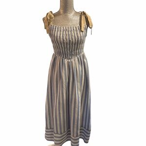 Kelsis Striped Blue and White Dress with Tan Accents Midi beachy vacation Bows